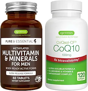 Multivitamínico &amp; Minerales para Hombres + Alta Absorción CoQ10 100mg 120 Softgels Energy Bundle, Sostened Release Advanced Multivitamin + CoQ10 con vitamina E & D-Limonene, por Igennus