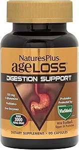 Natures Plus AgeLoss Digestion Support - 90 Capsules - Prebióticos, Enzimas en vivo > 150 mg L-Glutamina - Gluten Gratis - 30 Servings