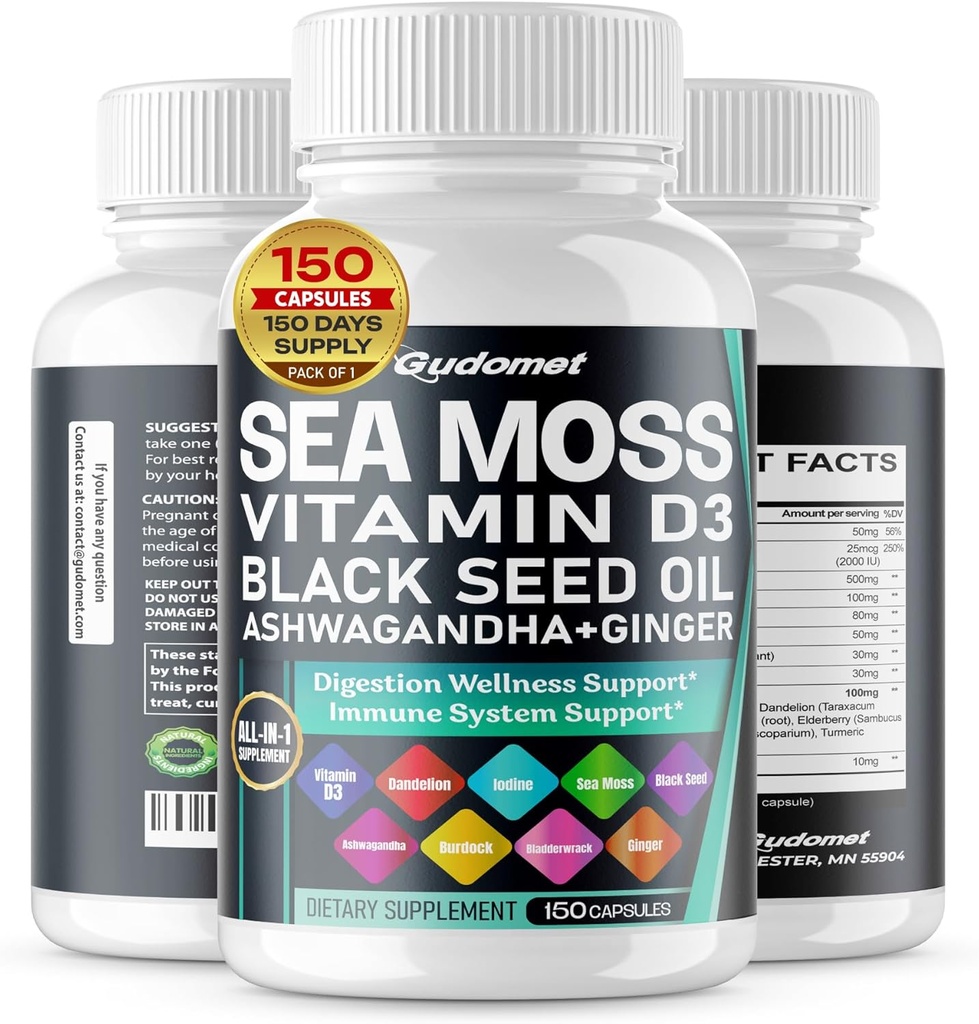Sea Moss Black Seed Oil - All-in-1 Suplemento con Vitamina C Vitamina D3 Ashwagandha Burdock Bladderwrack Ginger Apple Sider Vinegar Dandelion Amarillo Dock