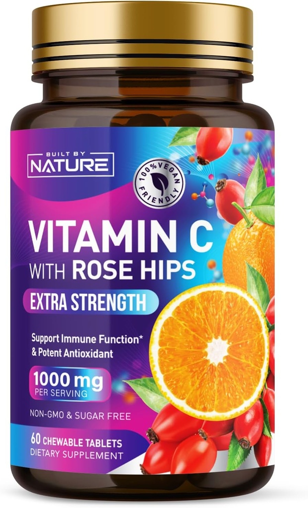 Construido por Nature Chewable Vitamina C con Rosa HIPS - 1000 mg Immune Support Supplement - Non-GMO, Gluten-Free, Vegan - Potente antioxidante para la energía &amp; Collagen Boost - Orange Flavor – 60 Tablets