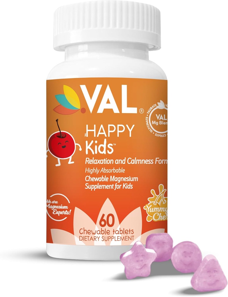 Magnesio de VAL para niños TENIDO Magnesio de alta absorción para calma, relajación " Enfórmese en Mg Glycinate, Citrate " Taurate TENIDO con Vitamina B6, D " C TENIDO Sin azúcar, sin azúcar TENIDO 60 Tabletas Chewable
