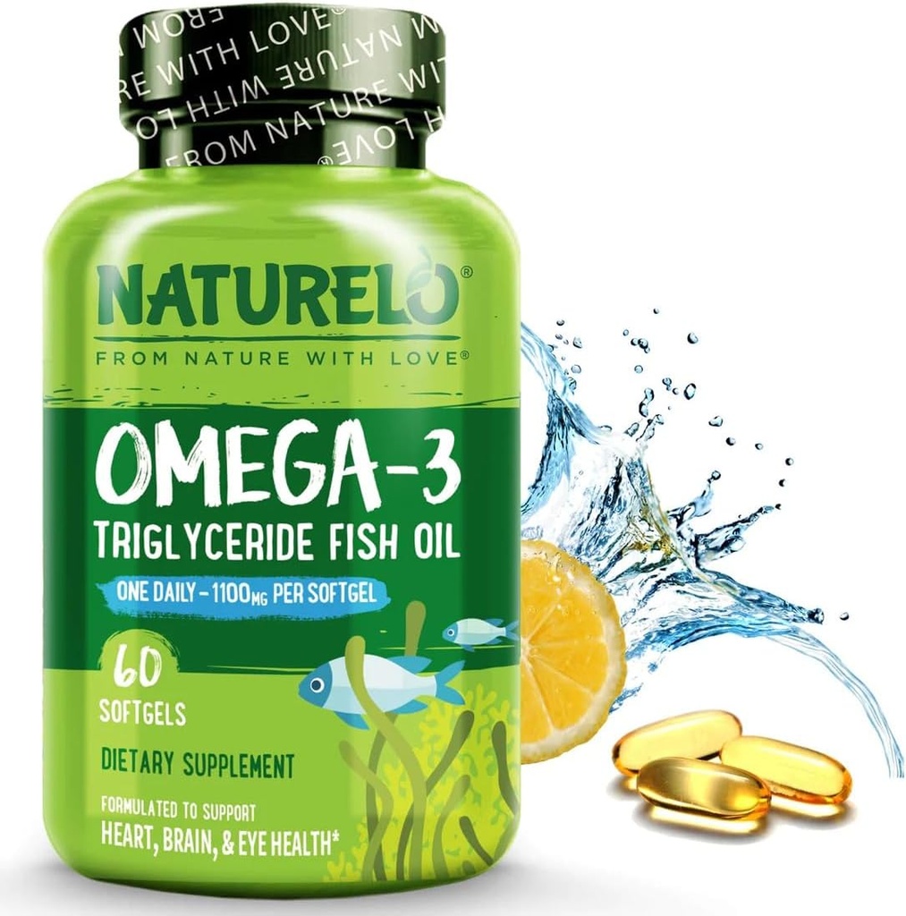 NATURELO Burpless Omega 3 Fish Oil Suplemento - 1100mg Triglyceride Omega-3, EPA + DHA, Liquid Fish Oil for Heart, Eye, Brain, Joint Health - 60 Softgels, 2 Months Supply