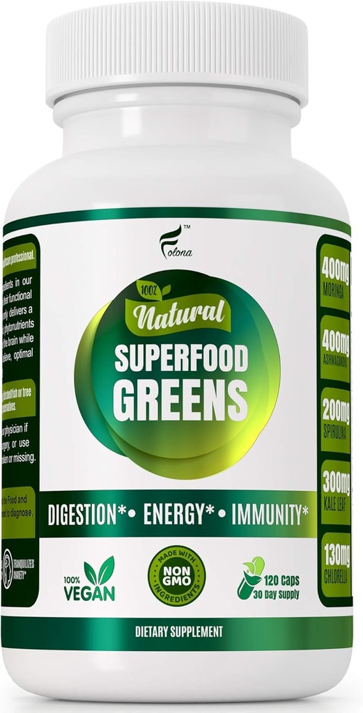 Organic Vegan Super Greens Capsules with Ashwagandha - Immune Support with All Natural Whole Food Nutrients Chlorella, Moringa, Spirulina, Turmeric, Kale. Mejorar la digestión, Boost Energy - Detox Pills
