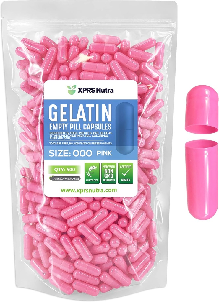 XPRS Nutra Size 000 Empty Capsules - 500 Contar grandes capas de gelatina vacías - Píldoras para relleno de cápsulas de suplemento DIY - Cápsulas de gel de color ajustable (Pink)