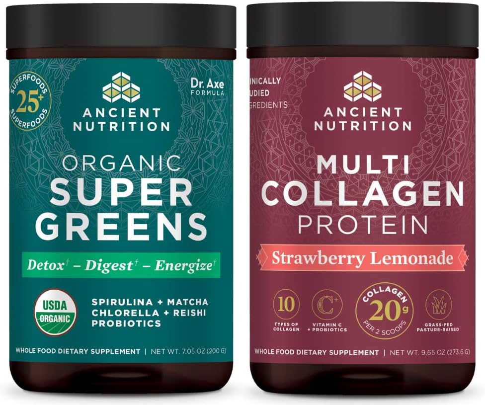 Antigua Nutrición Orgánica Superverde Polvo, Verde Sabor, 25 Serviciones + Multi Collagen Protein Polvo, Strawberry Lemonade, 24 Servimientos