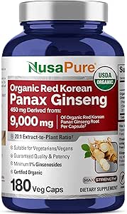 NusaPure Red Korean Panax Ginseng 20:1 Extracto, 450 mg Equivalente a 9.000 mg 180 Veggie Caps (USDA Organic, Non-GMO, Vegan, Vegetariano, Bioperina)
