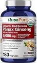 NusaPure Red Korean Panax Ginseng 20:1 Extracto, 450 mg Equivalente a 9.000 mg 180 Veggie Caps (USDA Organic, Non-GMO, Vegan, Vegetariano, Bioperina)