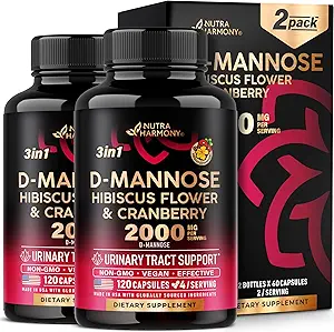D-Mannose 2000mg with Cranberry 500mg & Hibiscus - Clinically Tested Strength for Urinary Tract Health - Supplement for Women - Bladder, Liver & Microflora Support - Made in USA - Vegan, Pack of 2