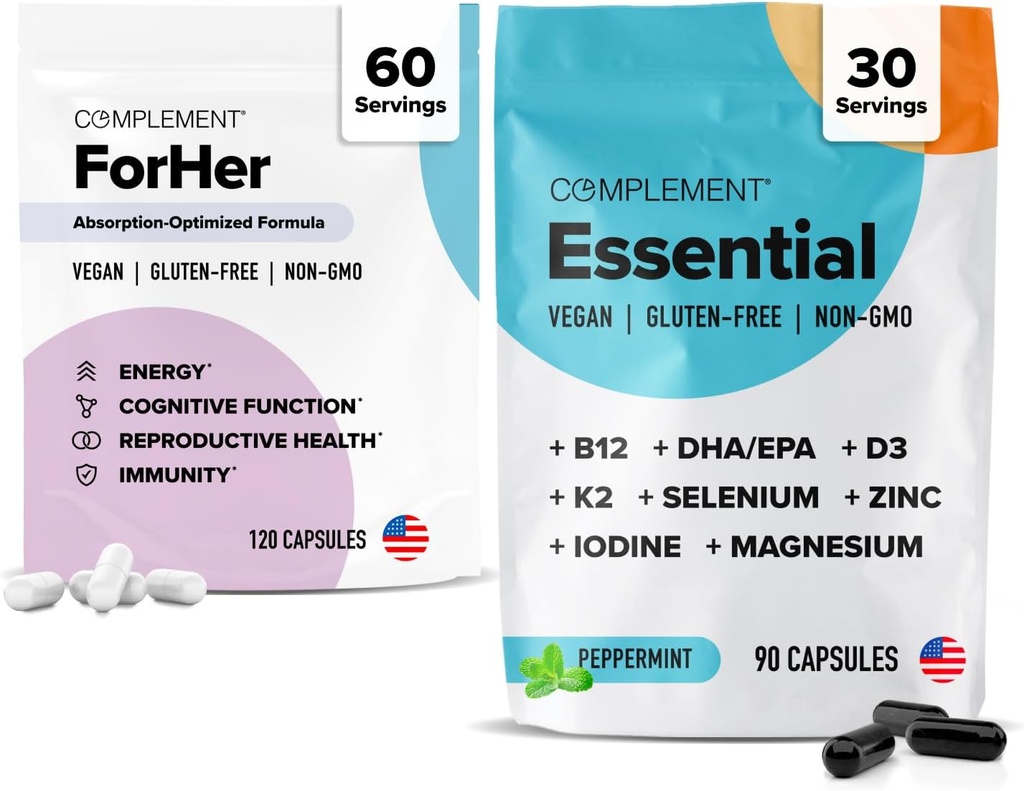 Complemento ForHer & Essential Vegan Multivitamin Bundle – 30-Day Women’s Wellness Support with Omega 3, B12, D3, Iron, Folate &amp; More – Energía, Inmunity &amp; Hormonal Balance