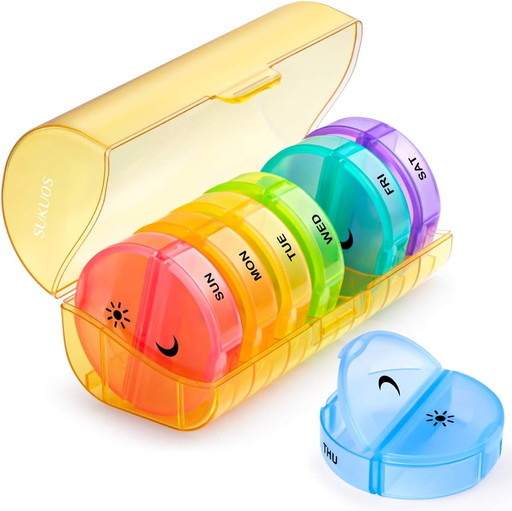 Sukuos Grande Organizador Semanal de Pill 2 veces al día, Caja de Píldora diaria 7 días Fácil de abrir con doble protección, AM Caso de Píldora para Medicina/Vitamin/Fish Oil/Supplements (Yellow)