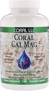 Coral Cal-Mag - Calcio de Coral Biodisponible con Magnesio en una proporción 2:1 y 1200 Unidades Internacionales de Vitamina D3-180 Capsulas Vegetarianas