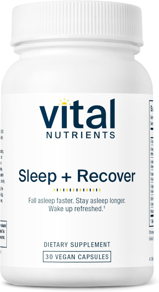 Vital Nutrients Sleep + Recover - Suplemento Vegan - Apoyo al sueño - Melatonina, Ashwagandha & L-Theanine - Gluten, Dairy &amp; Soy Gratis - 30 cápsulas