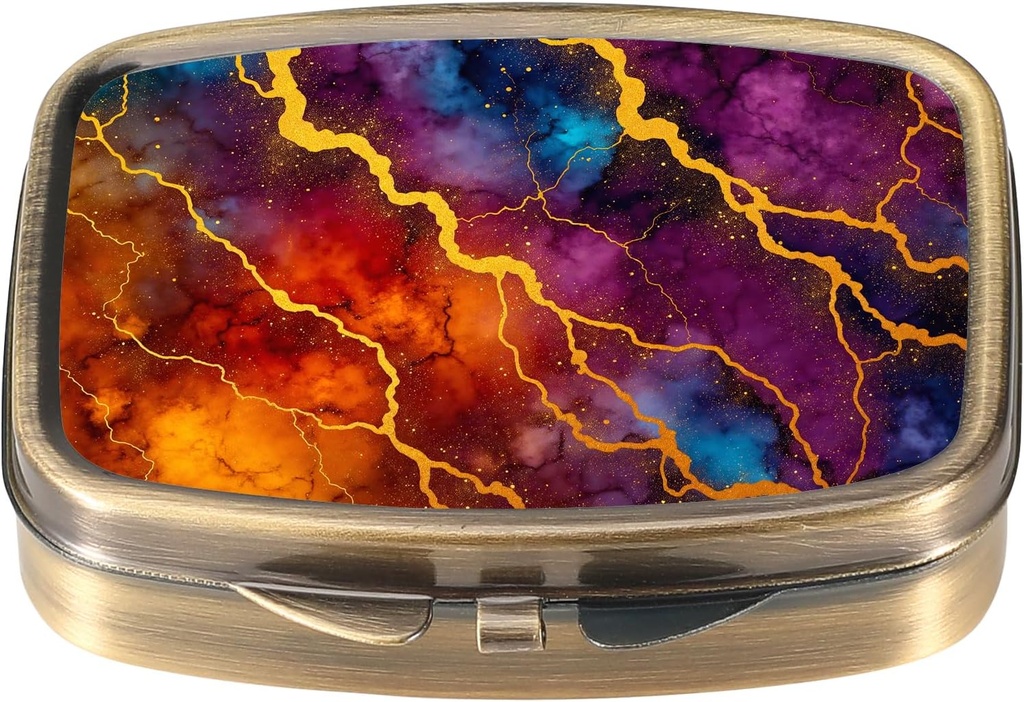 Caja de pill de Dynippy Pill Funda con espejo Retro Pocket 2 Compartment Medicine Case Vitamin Pill Organizer for Pocket Purse and Travel (A-Colourful Marble Pattern)