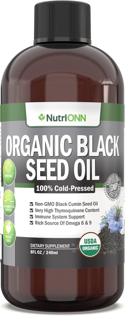 Óleo de semillas negras orgánicas - USDA Certified Organic Black Cumin Seed Oil Liquid – High Thymoquinone Content – Non-GMO and Cold-Presed – Rich Source of Omega-6 &amp; Omega-9 Fatty Acids - 8 Oz
