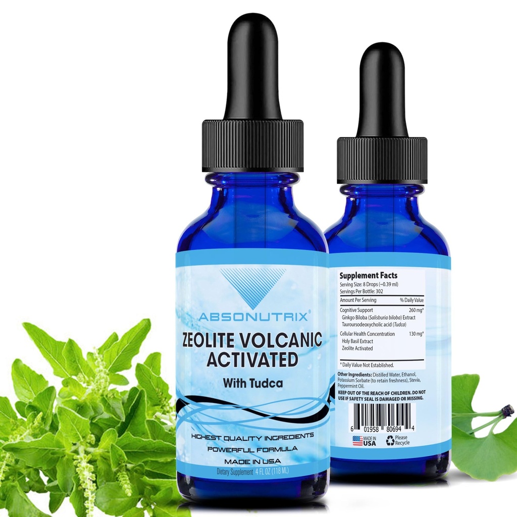 Absonutrix Zeolite Volcanic Activado con Tudca Advanced Formula 390 mg, 4 Oz Liquid, 302 Servings, Made in USA, Quick Absorption,Non-GMO, GMP Certified Facility, Cruelty-Free Products