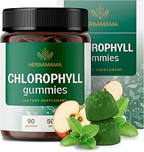 HERBAMAMA Chlorophyll Detox Gummies - 50mg Sodium Copper Clorophyllin Desodor interno para el soporte de olor corporal - Vegan, suplemento antioxidante no GMO - 90 pectinas de manzana con sabor a manzana