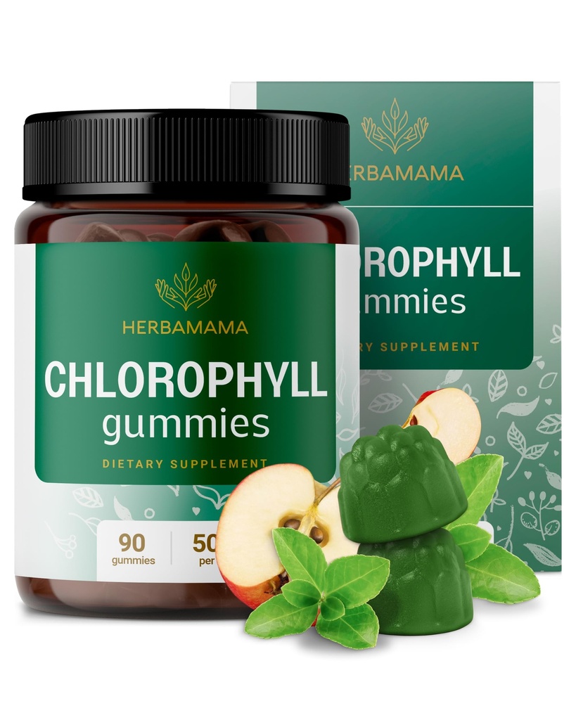 HERBAMAMA Chlorophyll Detox Gummies - 50mg Sodium Copper Clorophyllin Desodor interno para el soporte de olor corporal - Vegan, suplemento antioxidante no GMO - 90 pectinas de manzana con sabor a manzana