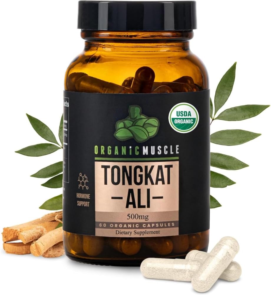 Organic Muscle Tongkat Ali for Men, 500mg - Pure & Potent USDA Eurycoma Longifolia Root Supplement 60 Count – Wild Grown Men's Health Hormone Support for Male Performance, Drive & Energizer