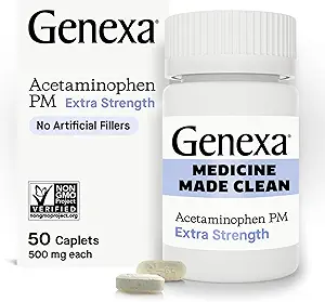 Genexa Clean Acetaminophen PM 500mg Extra Strength, Dye Free Pain Reliever, Nighttime Sleep Aid, Fever Reducer, 0% Artificial Additives, Relieves Headache, Backache, Minor Arthritis Pain, 50 Tablets