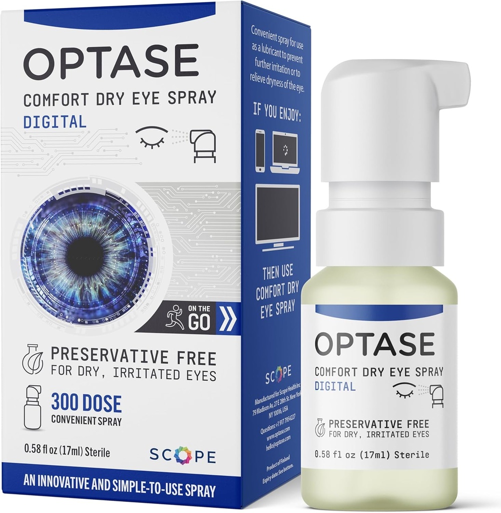 Optase Comfort Dry Eye Spray - Teares artificiales gratis conservadores Drops Alternative - Ojo seco gotas en una rociadora conveniente - Botella de uso múltiple, Contacto Lens Safe - .58 fl oz
