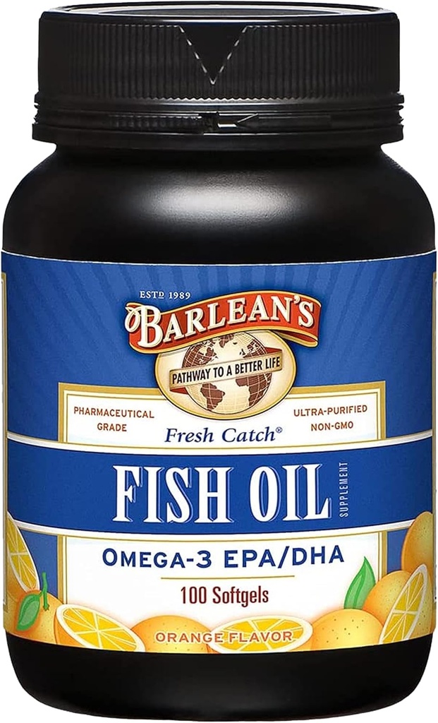Suplementos de aceite de pescado Omega 3 de Barlean, Suplemento Softgels para hombres y mujeres, 600 mg EPA y DHA Fatty Acids, Orange Flavored, 100 Conde