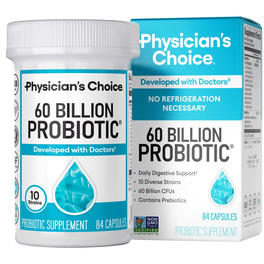 Probióticos de la CHOICE de Physician 60 Billones CFU - 10 Estrechos + Prebióticos Orgánicos - Salud Inmune, Digestiva " Gut - Apoyo al estreñimiento ocasional, diarrea, gas " , para hombres y mujeres - 84ct