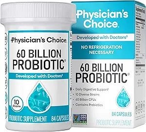 Probióticos de la CHOICE de Physician 60 Billones CFU - 10 Estrechos + Prebióticos Orgánicos - Salud Inmune, Digestiva " Gut - Apoyo al estreñimiento ocasional, diarrea, gas " , para hombres y mujeres - 84ct