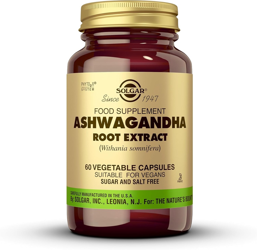 Solgar Ashwagandha Root Extract - 60 cápsulas vegetales - potencia completa estandarizada (SFP) - No GMO, Vegan, Gluten &amp; Dairy Free, Kosher - 60 piezas
