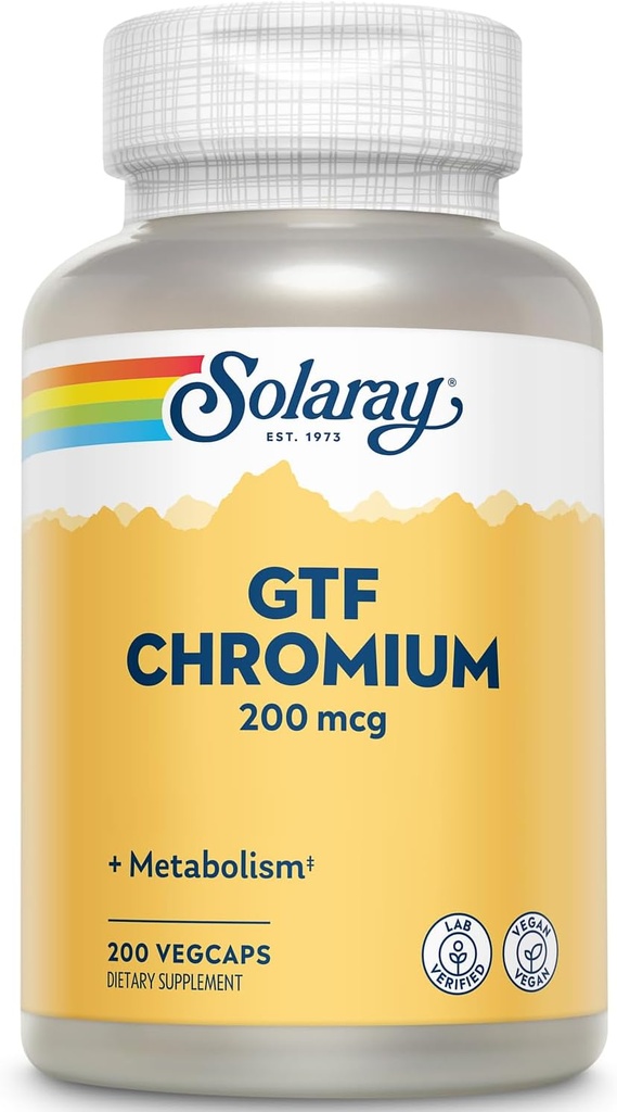 Solaray GTF Chromium 200mcg - Pure Chromium GTF 200 mcg Supplement, Supports Metabolic Function and Whole Body Health for Men and Women - 200 Vegan Capsules