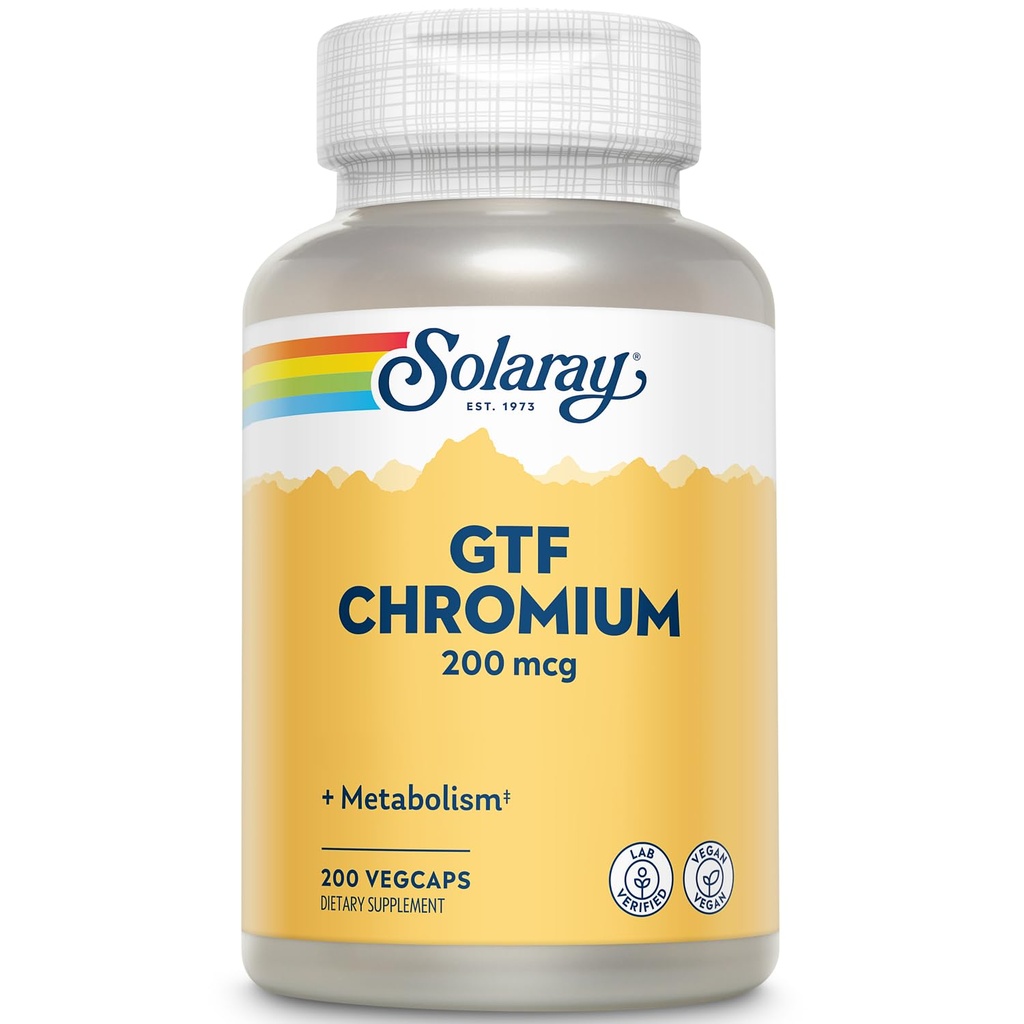 Solaray GTF cromo 200mcg - Puro cromo GTF 200 mcg Suplemento, apoya la función metabólica y la salud corporal integral para hombres y mujeres - 200 cápsulas veganos