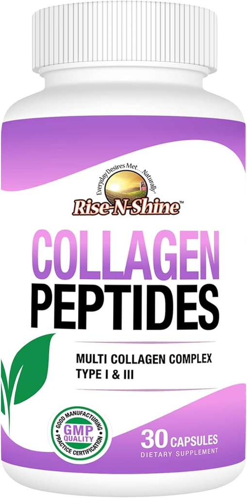 Rise-N-Shine Hydrolyzed Collagen Type I & III - Collagen Peptides Complex Supplements for Hair, Skin, Nails, " Joint Support - 30 Capsules (30-Day Supply)