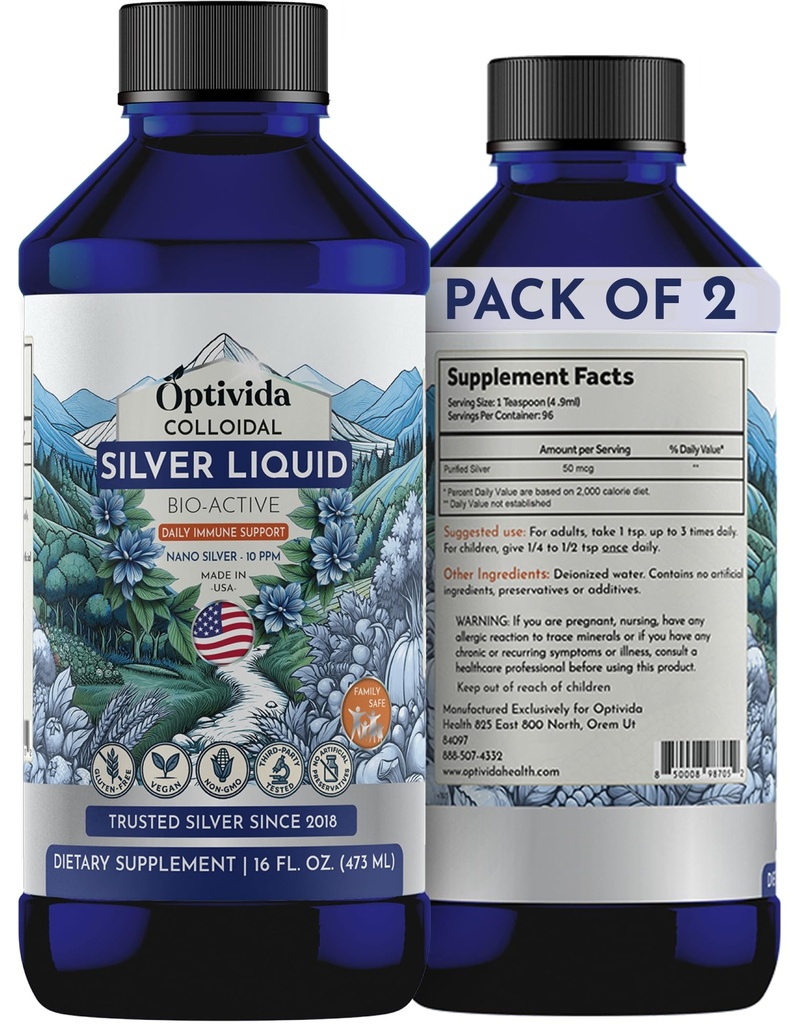 Optivida Health Colloidal Silver Liquid (2 Pack) – Premium Nano Silver Colloidal Supplement for Daily Wellness &amp; Immune Support, Natural Liquid Silver Hydrosol for Adults &amp; Kids, Non-GMO, Gluten-Free