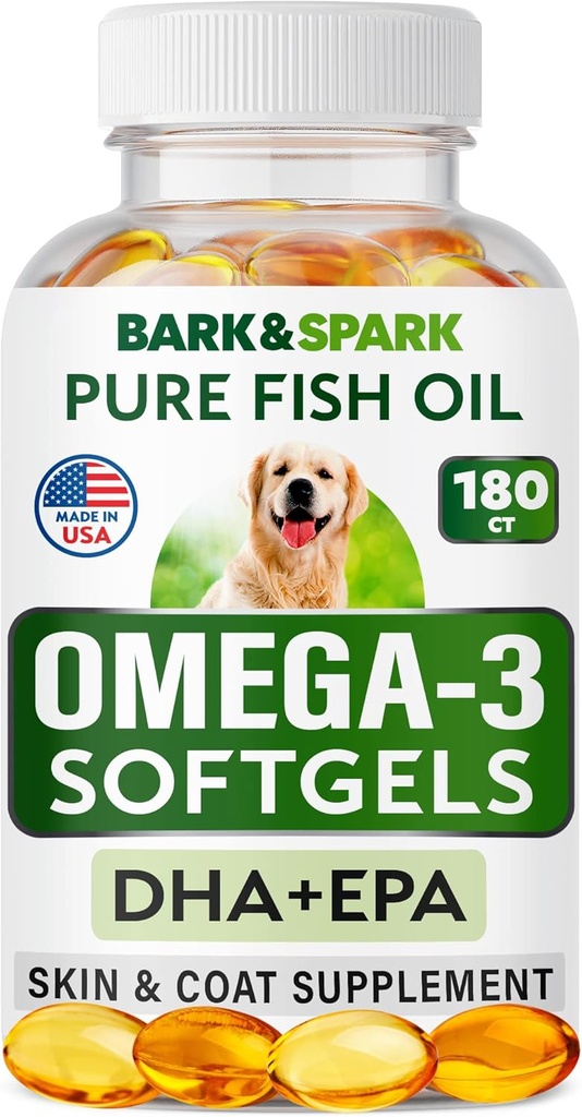 BARK limitadaSPARK Omega 3 for Dogs - 180 Fish Oil Softgels for Dog Shedding, Skin Allergy, Itch Relief, Hot Spots Treatment - Joint Health - Skin and Coat Supplement - EPA & DHA Fatty Acids - Salmon Oil