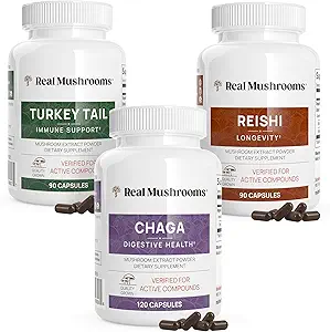 Reishi 415 Longevity Capsules (90ct), Turquía Tail Mushroom Extract Immune Support (90ct), Chaga Extract Mushroom Supplement (120 caps)