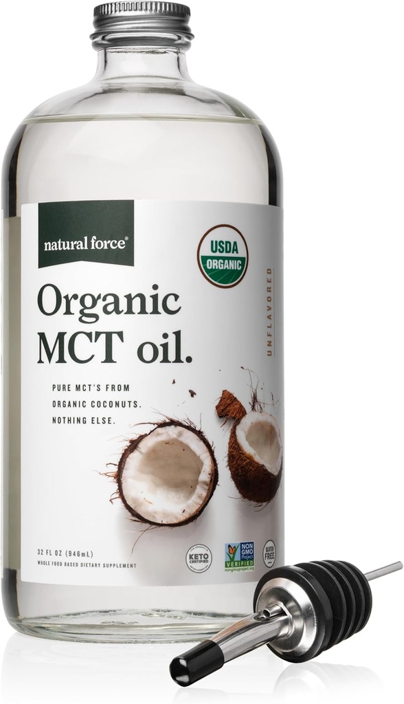 Aceite de MCT orgánico de la fuerza natural – Botella de vidrio puro – Hecho de 100% Aceite de coco virgen prensada fría + Certified Keto, Paleo, Kosher, Vegan " No GMO – laboratorio probado para la calidad y la pureza - 32 onzas