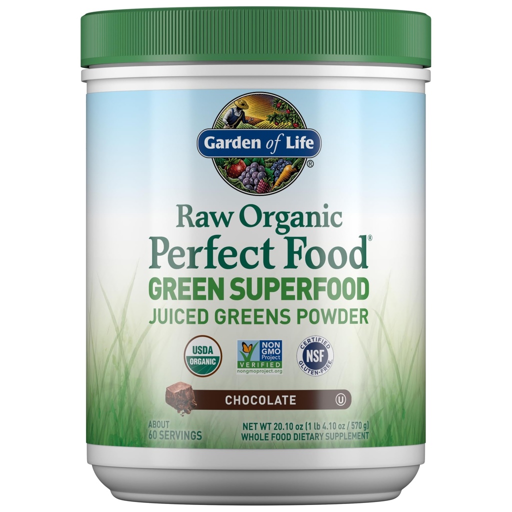 Jardín de la vida cruda comida ecológica perfecta verde superalimentos verdes jugosos Polvo - Chocolate, 60 servidos, no GMO, Gluten libre, Vegan suplemento dietético y Probióticos, Enzimas