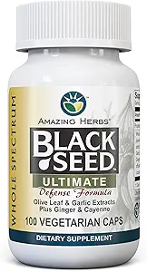 Amazing Herbs Whole Spectrum Black Seed Ultimate, Vegetarian Capsules - Olive Leaf & Garlic Extracts Plus Ginger & Cayenne, Gluten Free, Non GMO, Vegan - 100 Count