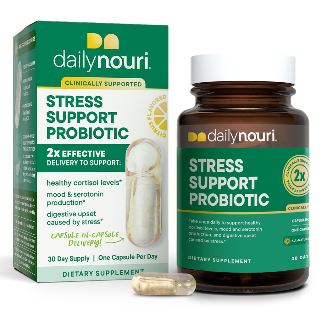 Daily Nouri Stress Support Probiotic for Women &amp; Hombres ← Asistencia Cortisol Management, Stress Relief, Mood, Digestion & Gut Health TEN 3 Clinically Studied Strains + Vegan Omega Oil TEN 30-Day Supply