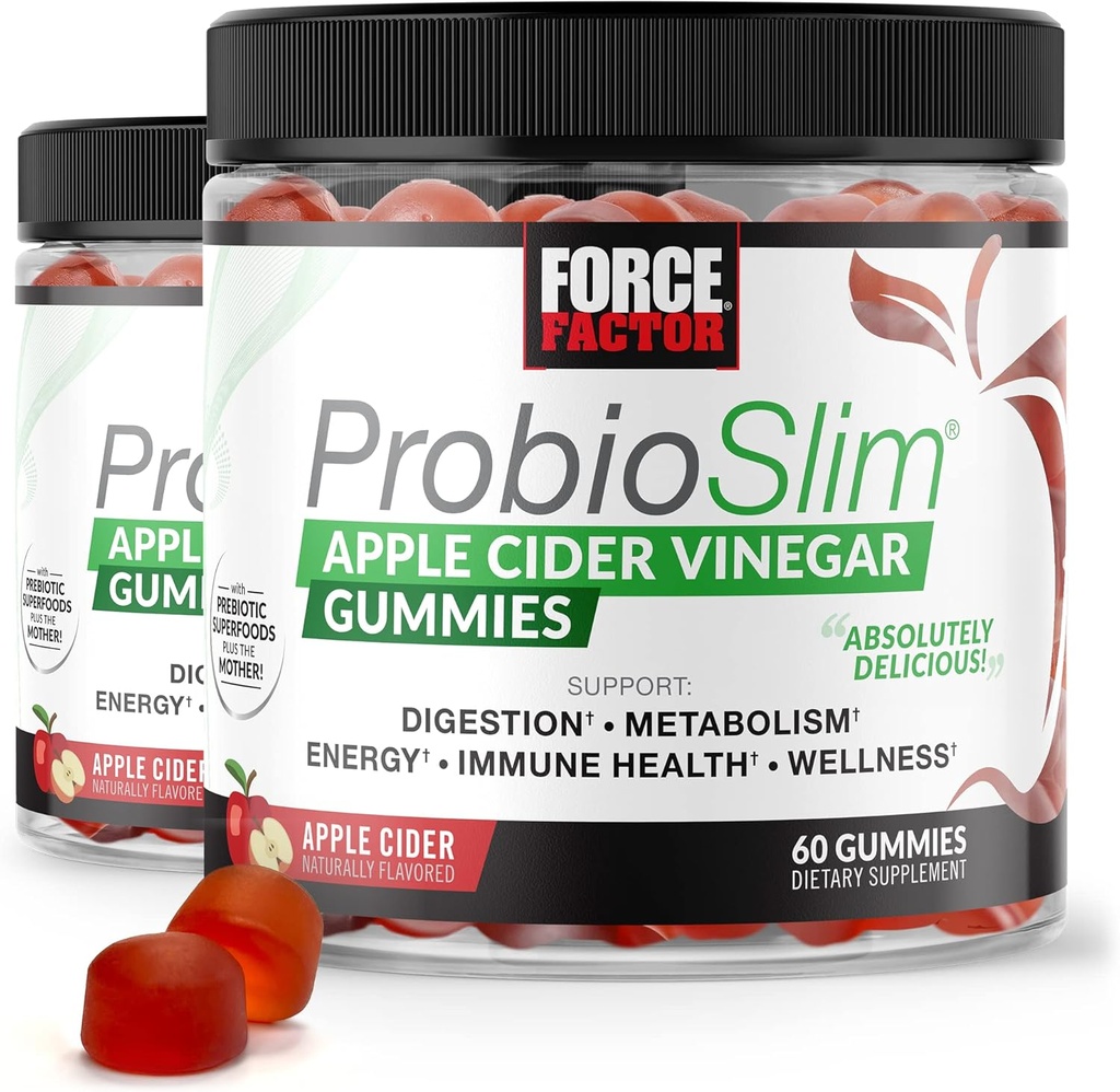 FORCE FACTOR ProbioSlim Apple Cider Vinegar Gummies, 2-Pack, con Organic Apple Cider Vinegar y LactoSpore Probióticos y Prebióticos para soportar la digestión, el metabolismo y la salud inmunitaria, 120 Gummies