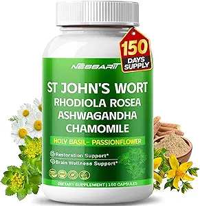 ST John's Wort 14-in-1 Natural Blend with Rhodiola Ashwagandha Chamomile Holy Basil L-Theanine Valerian Passionflower - 150 Count - Made & Tested in The USA