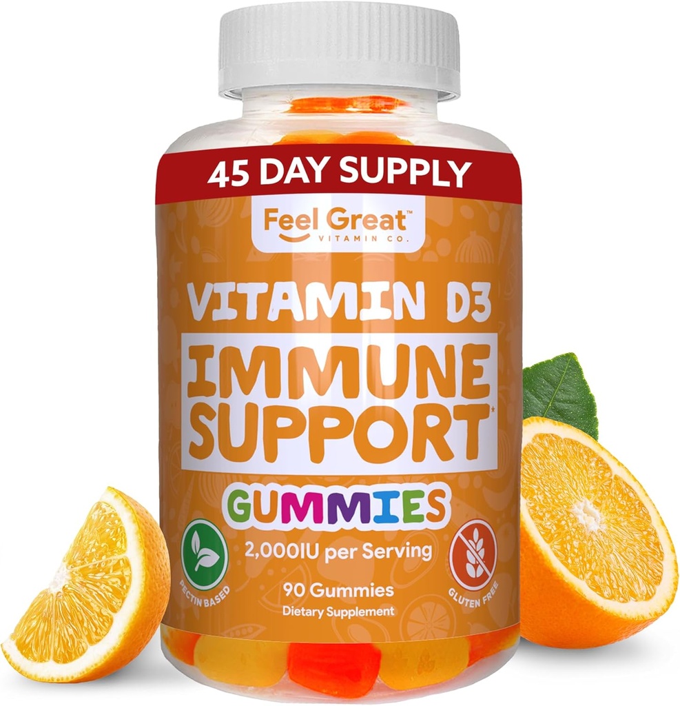 Feel Great Vitamin D Gummies for Adults ← Tropical Flavored Vegetarian Chewable Vitamin D 2000 iu ← Immune Support Suplemento Silencio Gluten Free ← 45 Day Supply
