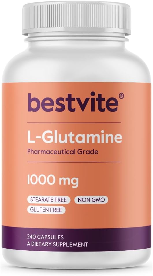 BESTVITE Filler-Free L-Glutamine 1000mg por cápsula (240 cápsulas) - Formulario gratis - Sin esteroides - Gluten Gratis - No GMO - Suplemento de Glutamina L puro - Máximo Cápsulas de Glutamina Strength