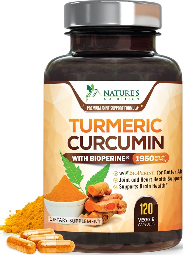 Curcumin Turmeric Suplemento 1950mg - 95% Curcuminoides con Turmeric Orgánica " BioPerine Black Pepper Extract for Best Absorption, Nature's Vegan Joint Support, Non-GMO, Bottled in USA - 120 Capsules