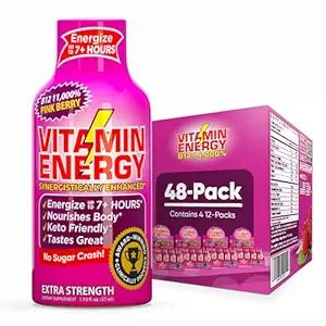 Vitamin Energy B12 11,000% Extra Strength Energy Shot Pink Berry 48 Pack, 260mg Natural Caffeine, B12 &amp; B6, Nootropic Focus, Vitality, Zero Sugar, Gluten-Free, Vegan, Kosher, 1.93 fl oz