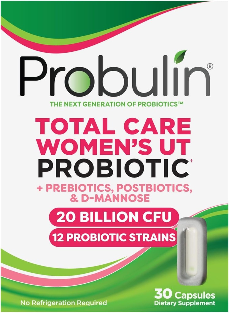 Probulina Total Care Tract de orina femenina = Prebióticos + Probióticos + Postbióticos para soportar un microbioma vaginal saludable - 20 millones de UF - 12 Estrechos - 30 cápsulas veganos