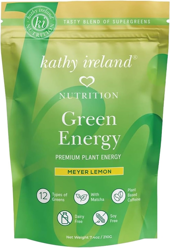 Kathy Irlanda Super Greens Energy Powder, Clean Energy Drink Mix with Matcha & Green Tea, Immune &amp; Digestive Support Supplement, No Añadido Sugar, Meyer Lemon Flavor, 7.4 oz