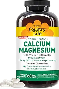 Country Life Target-Mins Calcium Magnesium with Vitamin D-Complex, 1000mg/500mg/10mcg, 360 Vegan Capsules, Certified Gluten Free, Certified Vegan, Verified Non-GMO Verified...