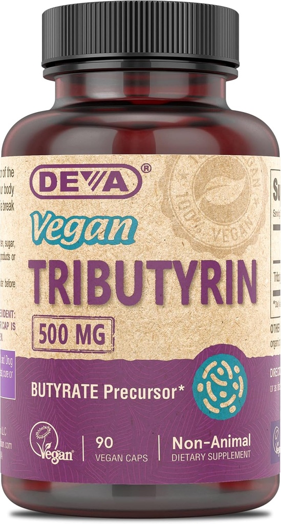 DEVA Vegan Tributyrin Suplemento - Butyrate Precursor, Gut Barrier Support, Butyric Acid, 500 MG Vegan Capsules, Leaky Gut Support, Digestión, 90 Conde