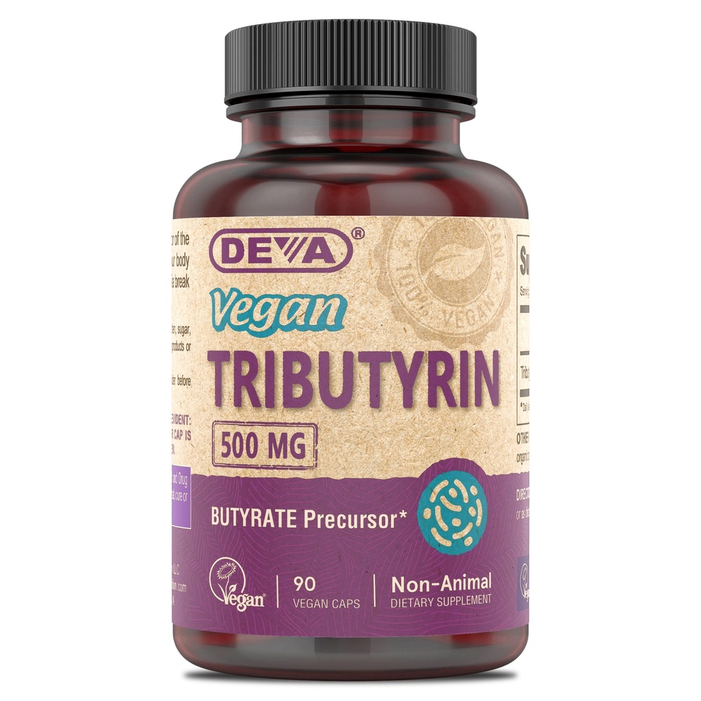 DEVA Vegan Tributyrin Suplemento - Butyrate Precursor, Gut Barrier Support, Butyric Acid, 500 MG Vegan Capsules, Leaky Gut Support, Digestión, 90 Conde