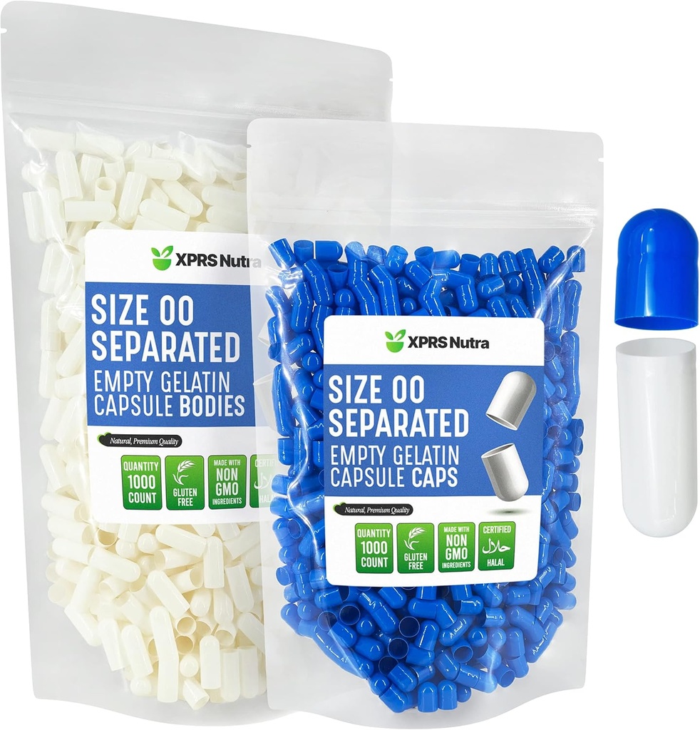XPRS Nutra Separated Capsules Size 00-1000 Count Empty Gelatin Capsules Separated in Bags - Premium Empty 00 Pills for DIY Supplement Filling (Blue/White)